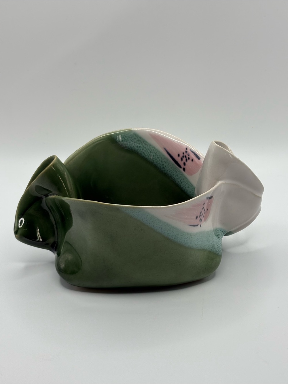 Hilborn Art Clay Pottery Pinch Pot Green Pink & Teal 6.5”X4” Canada Signed
